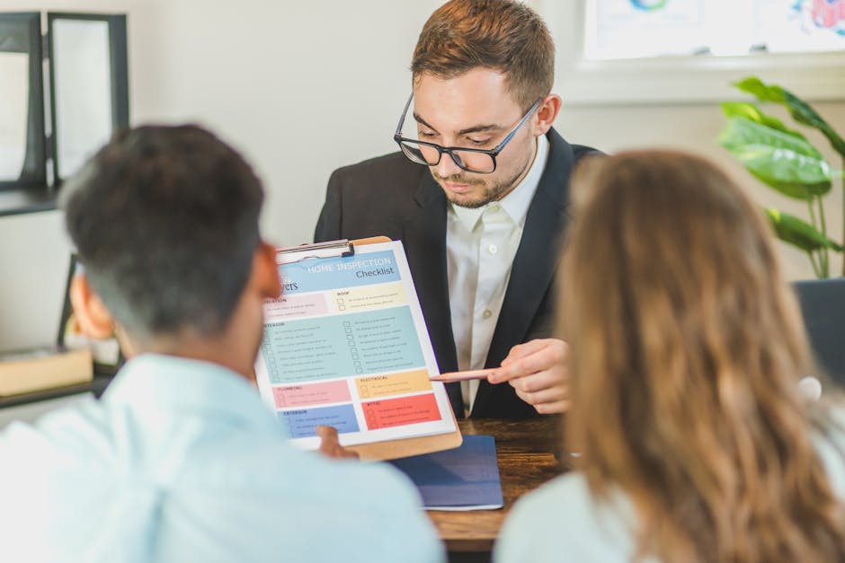 A professional cleaner in a black suit and glasses is presenting a detailed home inspection checklist printed on a clipboard to a man and a woman in an office setting. The room features bright natural